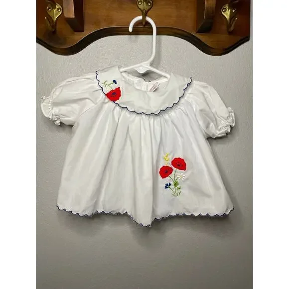 Vintage Sears Girls Red Poppy Flower Scalloped Collar Shirt - Picture 2 of 6